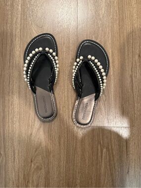 Bernardo Black Pearl-Trim Slip-On Sandals